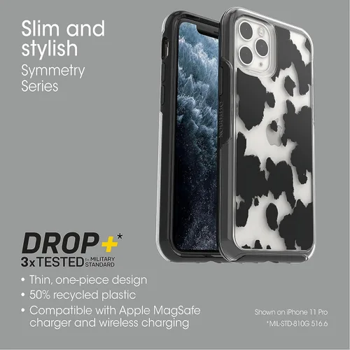 Vista 4 de OtterBox iPhone 11 Pro (solamente) - Funda de la serie Symmetry Clear - Estampado de vaca - Ultra-Sleek - Compatible con carga inalámbrica - Los