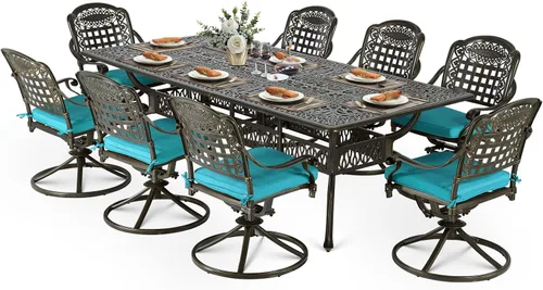 Vista 16 de VIVIJASON Juego de comedor al aire libre de 9 piezas, juego de mesa y sillas de patio de aluminio fundido para 8, incluye mesa rectangular de 94.5