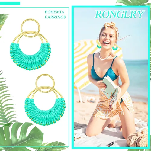 Vista 4 de Ronglry Aretes bohemios de ratán de rafia para mujeres y niñas, ligeros, hechos a mano, de mimbre trenzado, grandes, divertidos, modernos, regalos