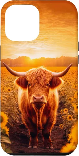 Vista 10 de iPhone 12 mini Estética Scottish Highland Cow In Sunflower Field Sunset Case