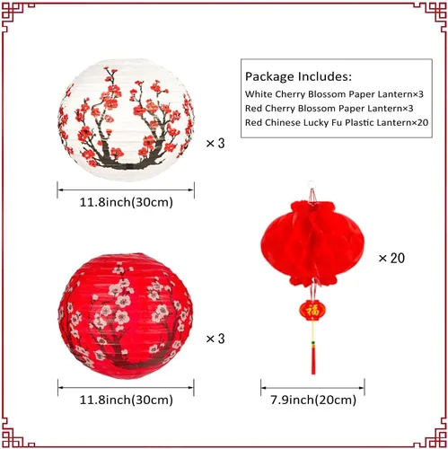 Vista 2 de Hibach - Juego de 26 linternas de papel chinas japonesas con flor de cerezo rojo, 12 x 8 pulgadas para temática asiática, cumpleaños, hogar