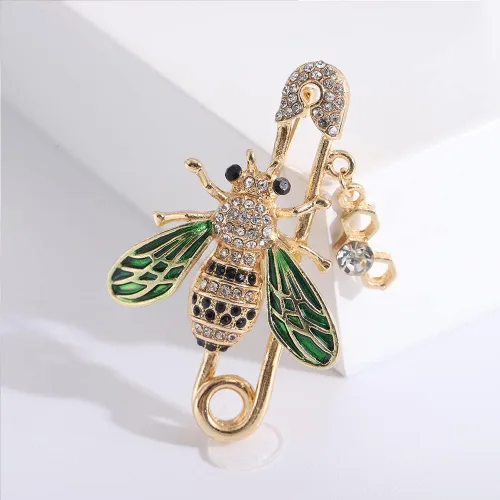 Vista 2 de Broches de seguridad con diamantes de imitación de abeja, delicados y bonitos broches de cristal esmaltados verdes para mujeres, adolescentes