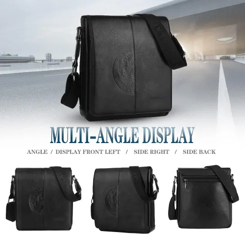 Vista 3 de Leathario Bolso cruzado para hombre, de cuero vegano, pequeño, bolso de hombro, bolso lateral para trabajo, negocios, viajes diarios, Negro-1042