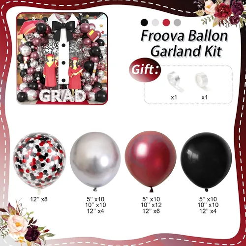 Vista 2 de Kit de guirnalda de arco de globos rojos y negros, decoraciones de fiesta de graduación, globos de látex color burdeos metálicos, plateados y negros