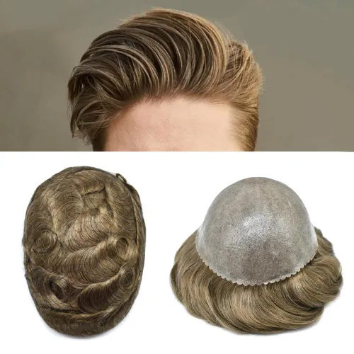 Vista 58 de Toupee para hombres Sistema de reemplazo de cabello humano real para hombres Completo PU Mens Hairpiece de aspecto natural para hombre piezas