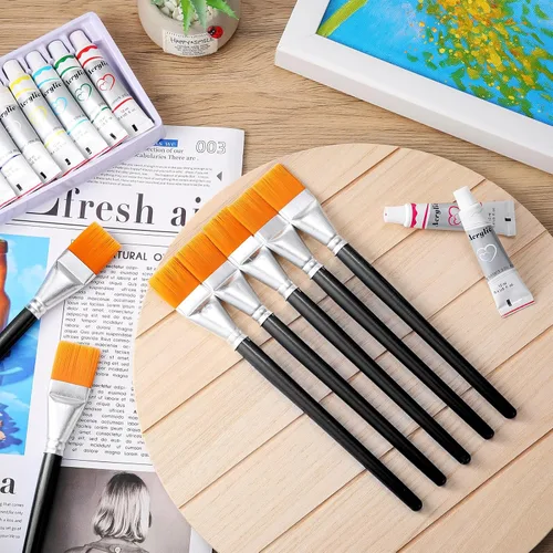 Vista 5 de Crtiin 60 pinceles planos para pintura acrílica, pinceles grandes de pintura acrílica a granel, pinceles de pintura para acuarela, detalles de óleo