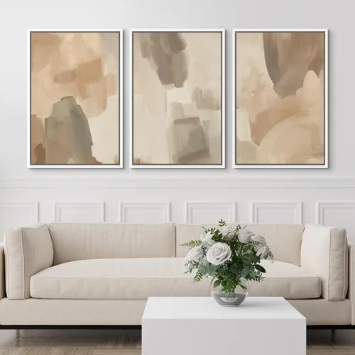 Vista 64 de SIGNFORD - Set de obras de arte en lienzo enmarcado para pared, ilustraciones abstractas de neblina del desierto en tonos neutros beige y marrón