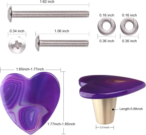 Vista 2 de Rockcloud Cajón de perilla de ágata con tornillos, mango de ágata morada en forma de corazón para armario, armario, accesorios de ferretería