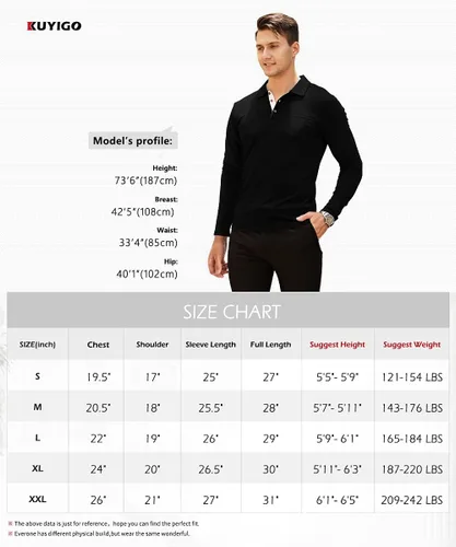Vista 5 de KUYIGO Camisa polo de manga corta y larga para hombre, casual, ajustada, lisa, suave, con botones, de algodón, con cuello