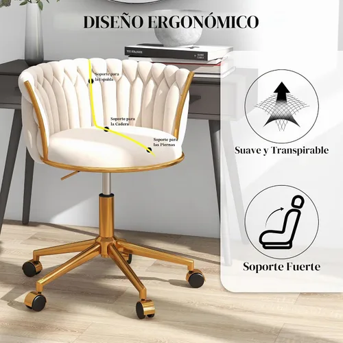Vista 6 de Silla de escritorio moderna de terciopelo con ruedas, hermosa silla de tocador para niñas, color beige