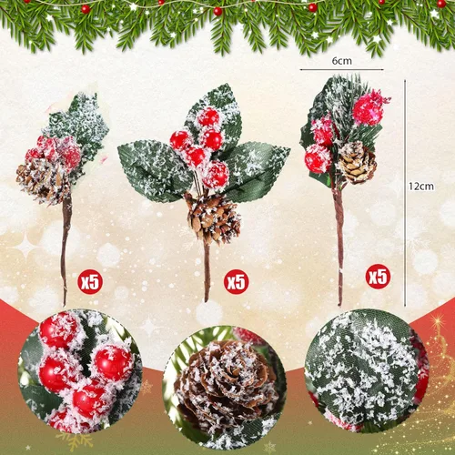 Vista 2 de Yunlly 60 piezas de agujas de pino verde artificiales para Navidad, púas florales de Navidad de acebo con bayas rojas artificiales, tallos de pino