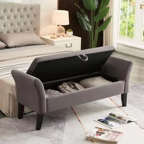 Vista 3 de 51.5" Velvet Storage Ottoman Bench with Curved Arms, Rectangular End of Bed Chest for Bedroom & Living Room Grey