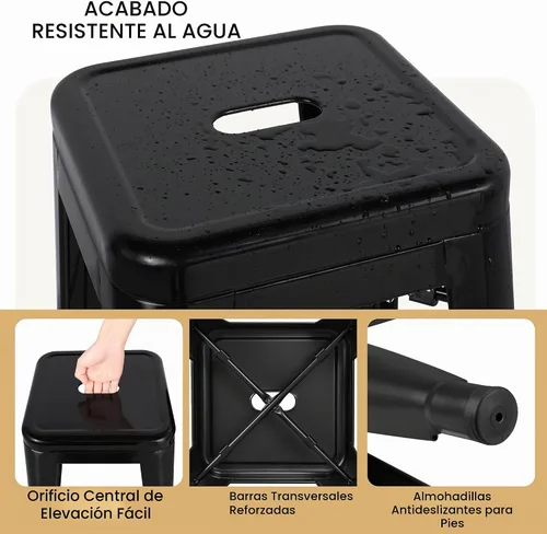 Vista 5 de Yaheetech Juego de 4 taburetes de metal de 24 pulgadas, taburetes sin respaldo de altura de mostrador, sillas de bar apilables industriales con Negro