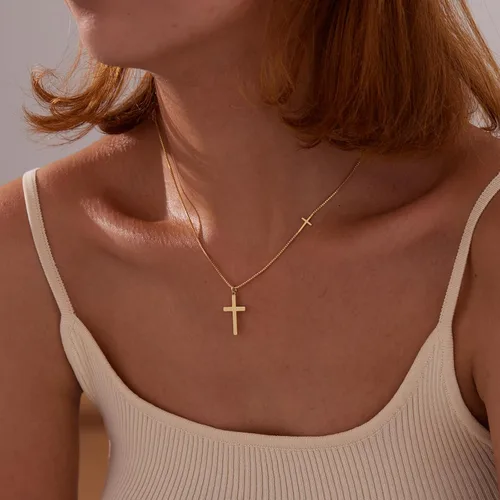 Vista 53 de Collar de cruz para mujeres y niñas, delicado chapado en oro de 14 quilates, gargantilla con dije de cruz que no se deslustra, impermeable, moderno