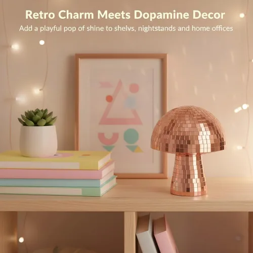 Vista 4 de Decoración de setas de discoteca, lámpara retro de bola de discoteca de oro rosa de 7 pulgadas, elegante decoración de bola de discoteca para mesa