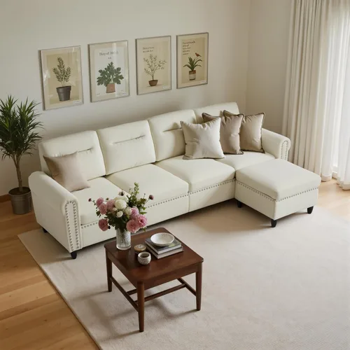 Vista 4 de Sofá modular en forma de L beige con otomana móvil para sala de estar, 106