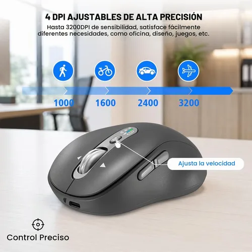 Vista 5 de Ratón Bluetooth inalámbrico, mouse Ergo para computadora multidispositivo, desplazamiento estupendo de metal de 4 vías, ± 3200 DPI, 10 botones, Plug