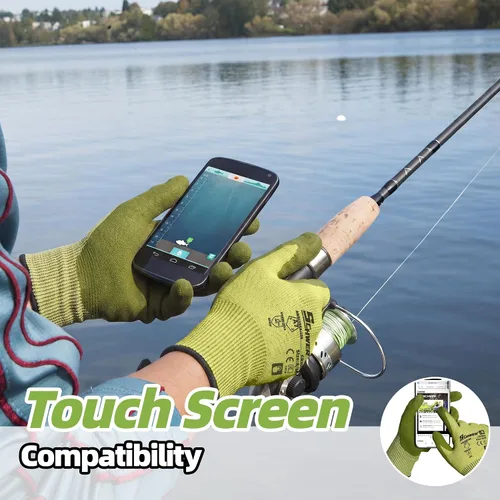 Vista 4 de Schwer 2 pares de guantes de pesca resistentes a cortes A7, pantalla táctil Verde militar