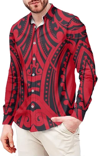 Vista 5 de Camisas polinesias para hombre con patrones de hojas tropicales polinesias, camisa hawaiana de manga larga para hombre, ropa de vacaciones de otoño