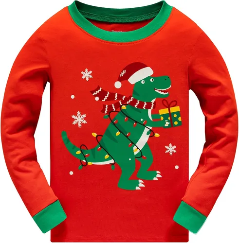 Vista 2 de Pijamas de Navidad para niños pequeños y niñas, 100% algodón, dinosaurio, estrellado, ropa de dormir de manga larga, 2 piezas, ropa para niños