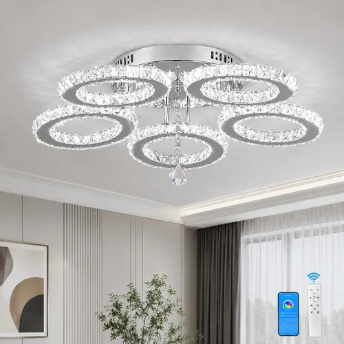 Vista 12 de Deckrico - Lámpara de techo con anillo de cristal, LED blanco frío 3 anillos blanco frío