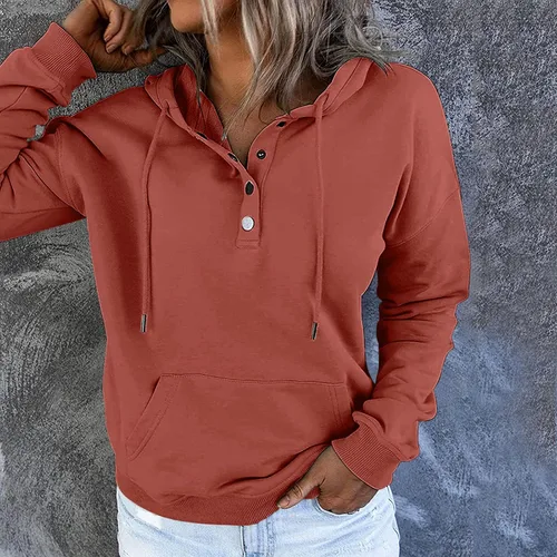 Vista 2 de Sudaderas de gran tamaño para mujer, cuello de botón, con cordón, casual, manga larga, con capucha, ropa de otoño