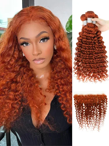 Vista 11 de Cabello Humano Rizado Castaño Rojizo, Trama Gruesa Castaño Cobrizo Rojo Coloreado Ondas Profundas Paquetes Individuales Cabello Humano 12A Tejido