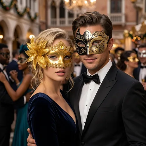 Vista 4 de 2 máscaras doradas para parejas, media máscara veneciana