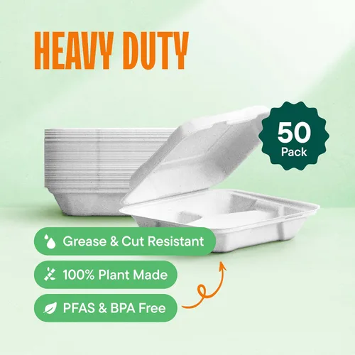 Vista 2 de Recipientes ecológicos para preparación de comidas con 3 compartimentos [paquete de 50 unidades de 8 x 8 x 3 pulgadas], desechables para llevar tipo