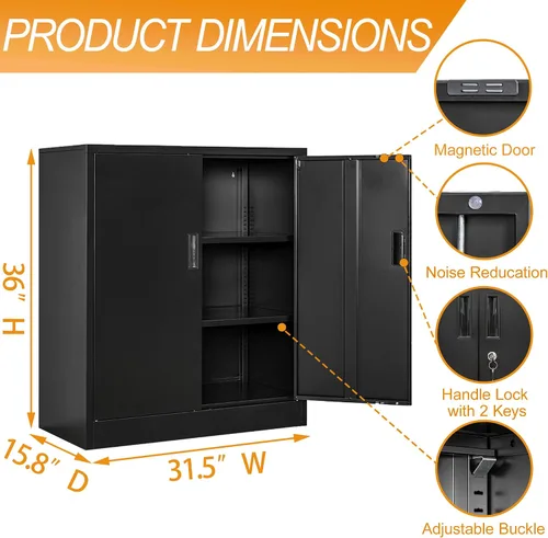 Vista 3 de BESFUR Armario de almacenamiento de metal de 36 pulgadas de alto, gabinete de metal negro con 2 puertas con cerradura y 2 estantes ajustables