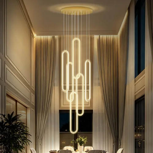 Vista 19 de Flashing God Candelabro moderno, candelabros cromados con 6 anillos LED, lámpara de techo alto más grande para sala de estar, lámpara rectangular