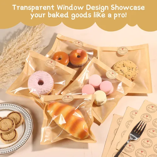 Vista 4 de SUREHOME Bolsas de Galletas Pequeñas de Papel Marrón con Ventana 100 Piezas Adhesivos de Agradecimiento 5.7 x 6.5 Pulgadas Bolsas de Panadería