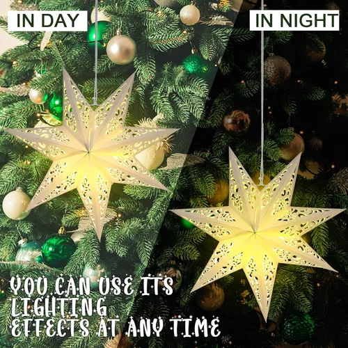 Vista 4 de 3 Piezas Faroles de Papel de Navidad de 20 Pulgadas con Forma de Estrella Decorativos de 7 Puntas de Papel Blanco con 6 Piezas de Luces LED