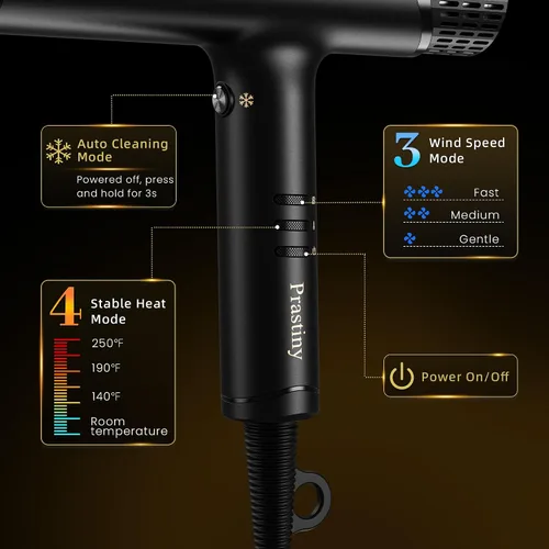Vista 5 de Secador de pelo iónico con difusor, secado rápido, con pantalla LCD y tecnología de limpieza automática, 4 ajustes de calor y 3 velocidades, diseño