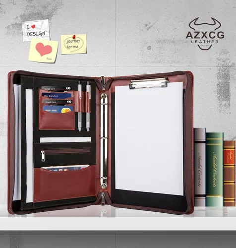 Vista 2 de Cartera de cuero personalizada con carpeta de 3 anillos, organizador de padfolio de negocios, carpeta de negocios con cremallera con portapapeles