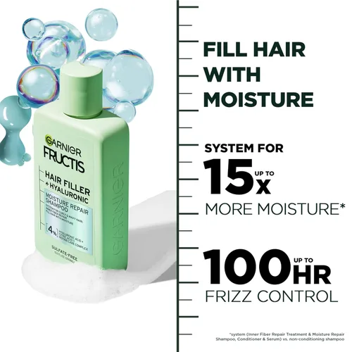 Vista 4 de Garnier Fructis Hair Filler Champú reparador de humedad, champú sin sulfato para cabello rizado y ondulado con ácido hialurónico, 10.1 onzas