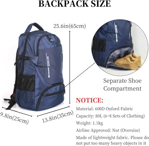 Vista 4 de Mochila de viaje grande de 80L para hombres y mujeres, mochila de senderismo ligera resistente al agua con compartimento para zapatos, Negro