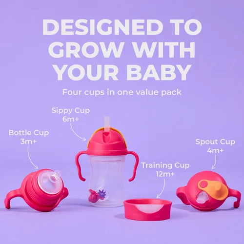 Vista 4 de b.box + Lansinoh Time to Sip - Juego de tazas de inicio (3 meses + hasta niño), 1 taza con 4 tapas, pezón, boquilla, popote con peso, entrenamiento