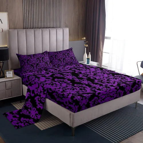 Vista 13 de Erosebridal Juego de sábanas de damasco con diseño floral, tamaño individual, gótico, rojo y negro, juego de sábanas de flores barrocas victorianas