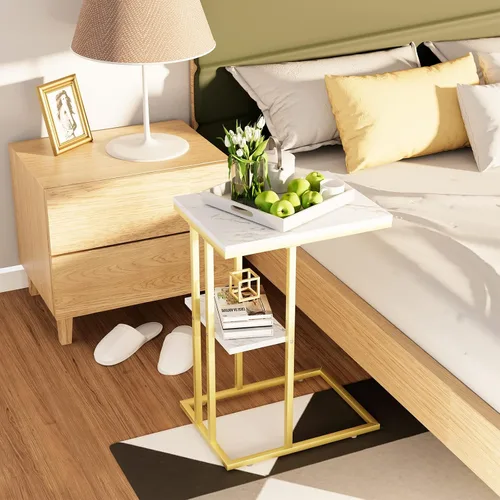 Vista 6 de Easy Paws - Mesa auxiliar en forma de C, mesa lateral pequeña para sofá y cama, mesa de aperitivos dorada para espacios pequeños, sala de estar