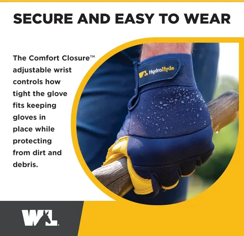 Vista 4 de Wells Lamont Guantes de trabajo de palma de cuero para hombre – HydraHyde cuero resistente al agua, espalda de elastano flexible, cierre ajustable