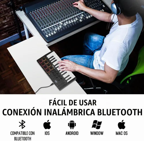 Vista 4 de M-Wave Controlador de teclado USB MIDI de 25 teclas con 8 almohadillas de batería retroiluminadas, Bluetooth, teclado dinámico profesional clásicos
