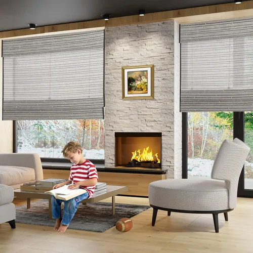 Vista 3 de Yin Yang Persianas romanas de bambú opacas sin cables, elegantes persianas romanas de madera tejida natural con cenefa de 6 pulgadas de alto