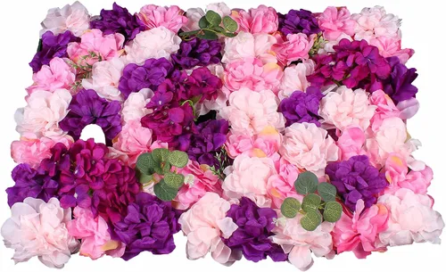 Vista 12 de Paneles de flores artificiales para decoración de pared, 6 piezas de rosas falsas, peonía, eucalipto, telón de fondo de pared de rosas para fiesta 6