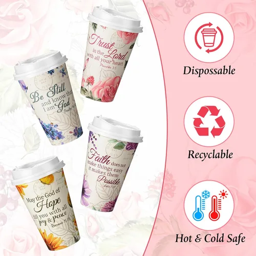 Vista 3 de Dandat 100 tazas de café desechables cristianas con tapas, tazas de papel de 16 onzas con texto en inglés "Floral Tea Scripture" a granel