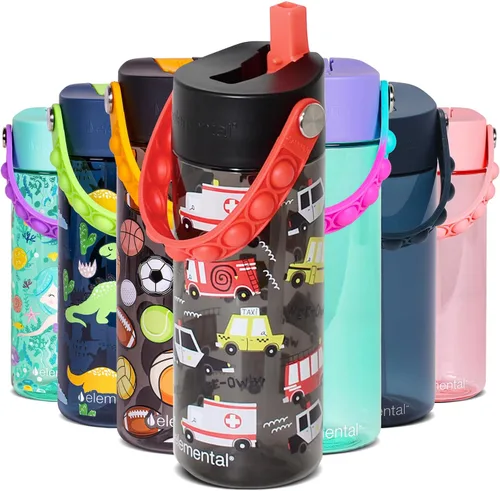 Vista 59 de Elemental Botellas de agua para niños – Botella de agua para niños Splash para la escuela con mango Pop-it – Botella de agua de plástico Tritan sin