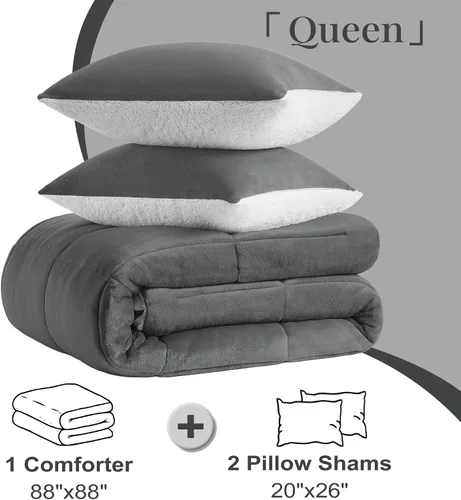 Vista 6 de Juego de edredón Basic Beyond Queen - Juego de edredón de lujo de forro polar sherpa para cama queen, juego de edredón de cama queen suave y cálido