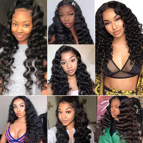 Vista 7 de Pelucas sueltas de cabello humano ondulado profundo con encaje frontal, prearrancado, pelucas de encaje frontal de 13 x 4 para mujeres negras