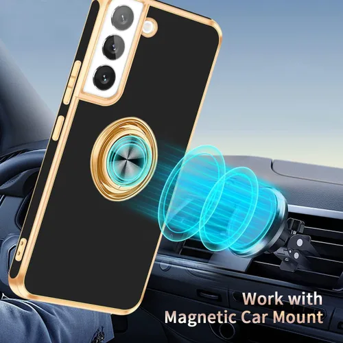 Vista 4 de Fingic Compatible con Samsung Galaxy S22 Funda con Soporte de Anillo, [Soporte de Anillo Giratorio 360° Magnético con Kickstand][Borde Dorado