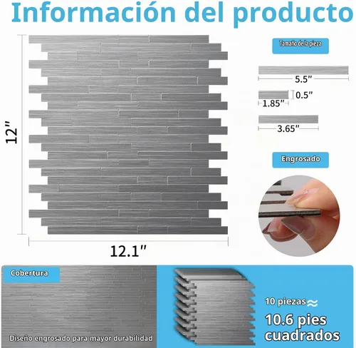 Vista 6 de Art3d Paquete de 10 azulejos metálicos para salpicaduras de despegar y pegar, color plateado paralelo Plata Paralela
